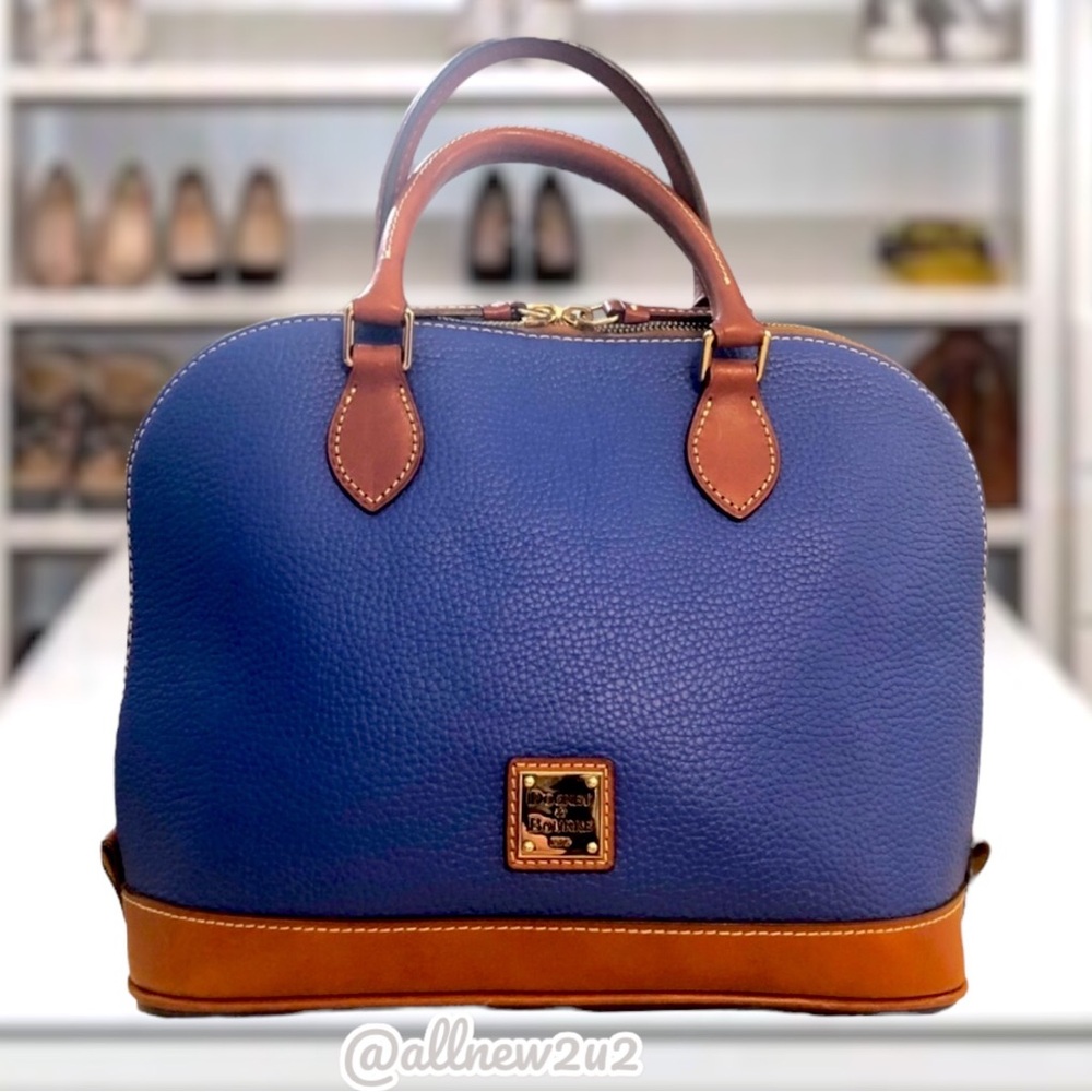 Dooney & Bourke Zip Top Satchel Pebble Leather Dome Brown Smooth Leather Trim